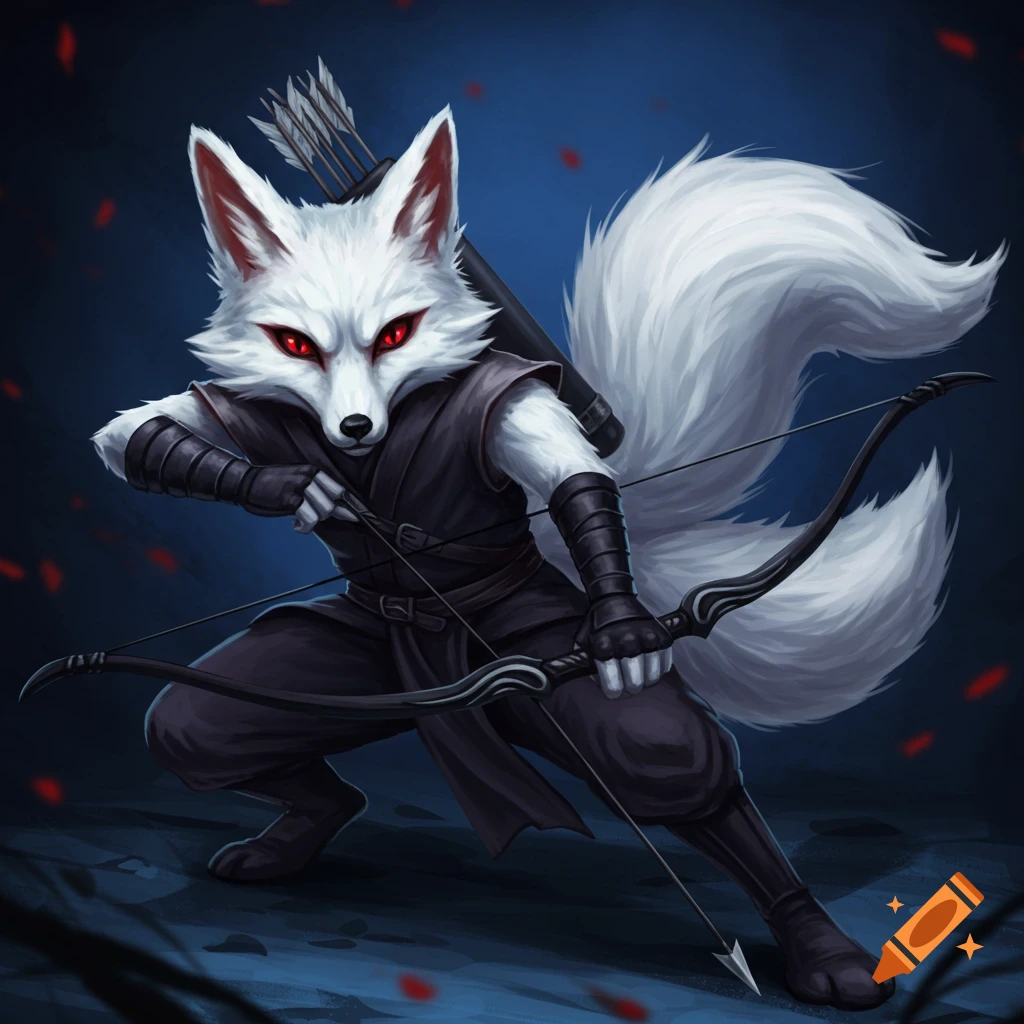 A white fox character with red eyes dressed as a ninja archer aims a bow.