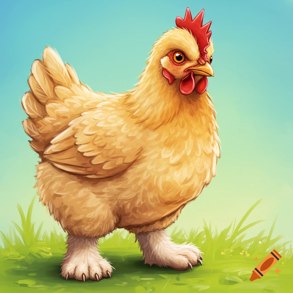 A chicken with furry dog feet is standing in grass.