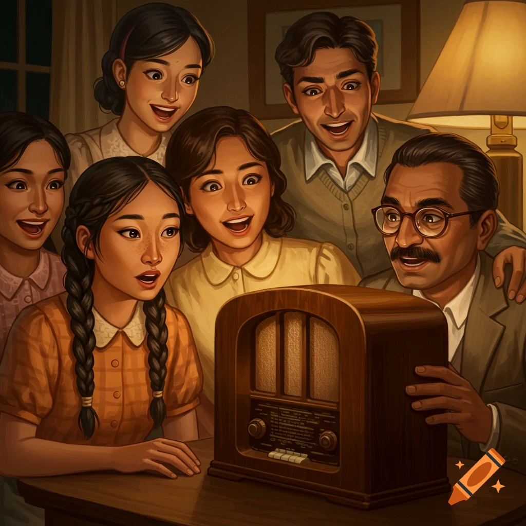 A family gathers excitedly around a vintage radio.