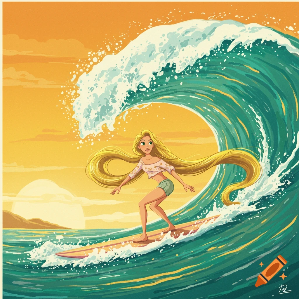 Cartoon illustration of Rapunzel surfing a large wave at sunset.