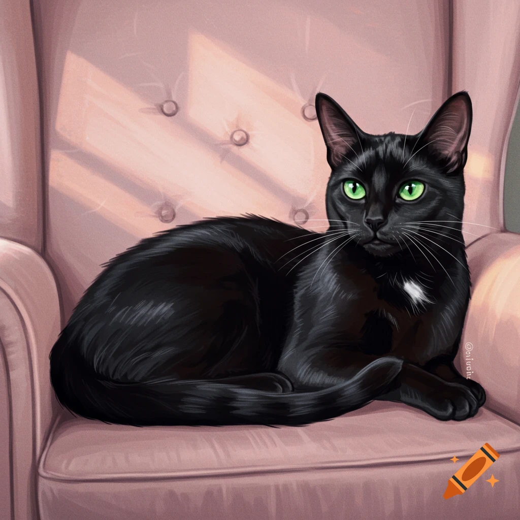 A black cat with green eyes sits on a pink armchair.