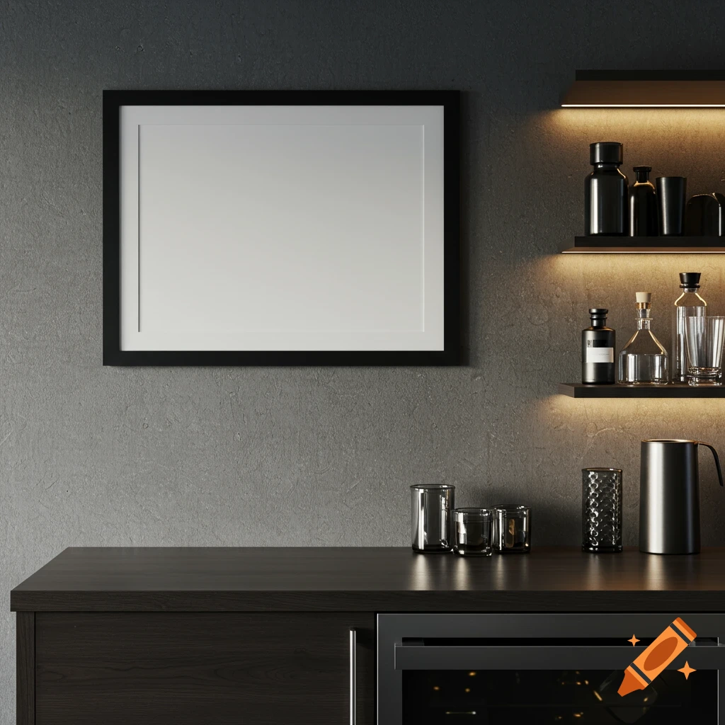 A black frame hangs on a gray wall above a modern mini bar with bottles and glasses on lit shelves.