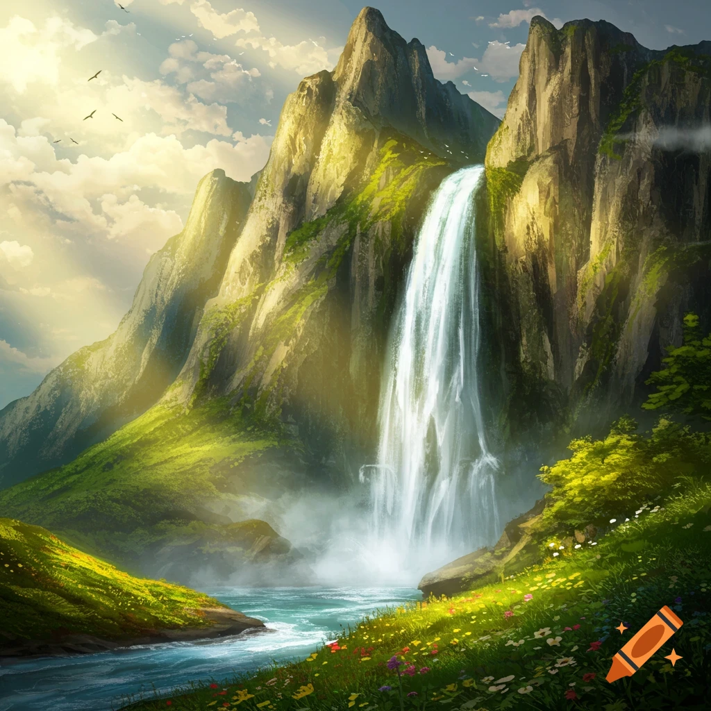 A waterfall cascading down lush green mountains into a river with wildflowers and birds.