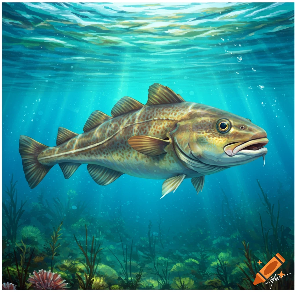 A fish swimming underwater, sunlight rays visible.