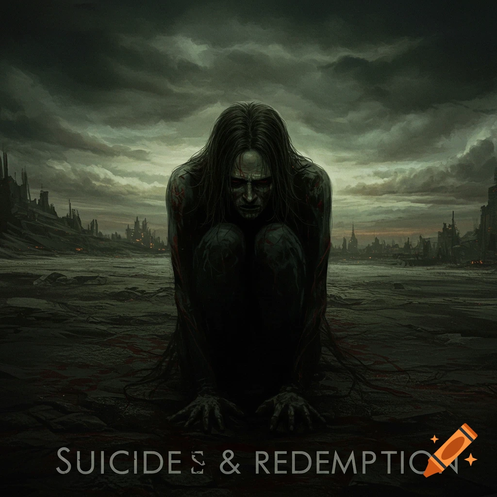 A dark, hunched figure sits in a ruined landscape under stormy skies. Text at the bottom.