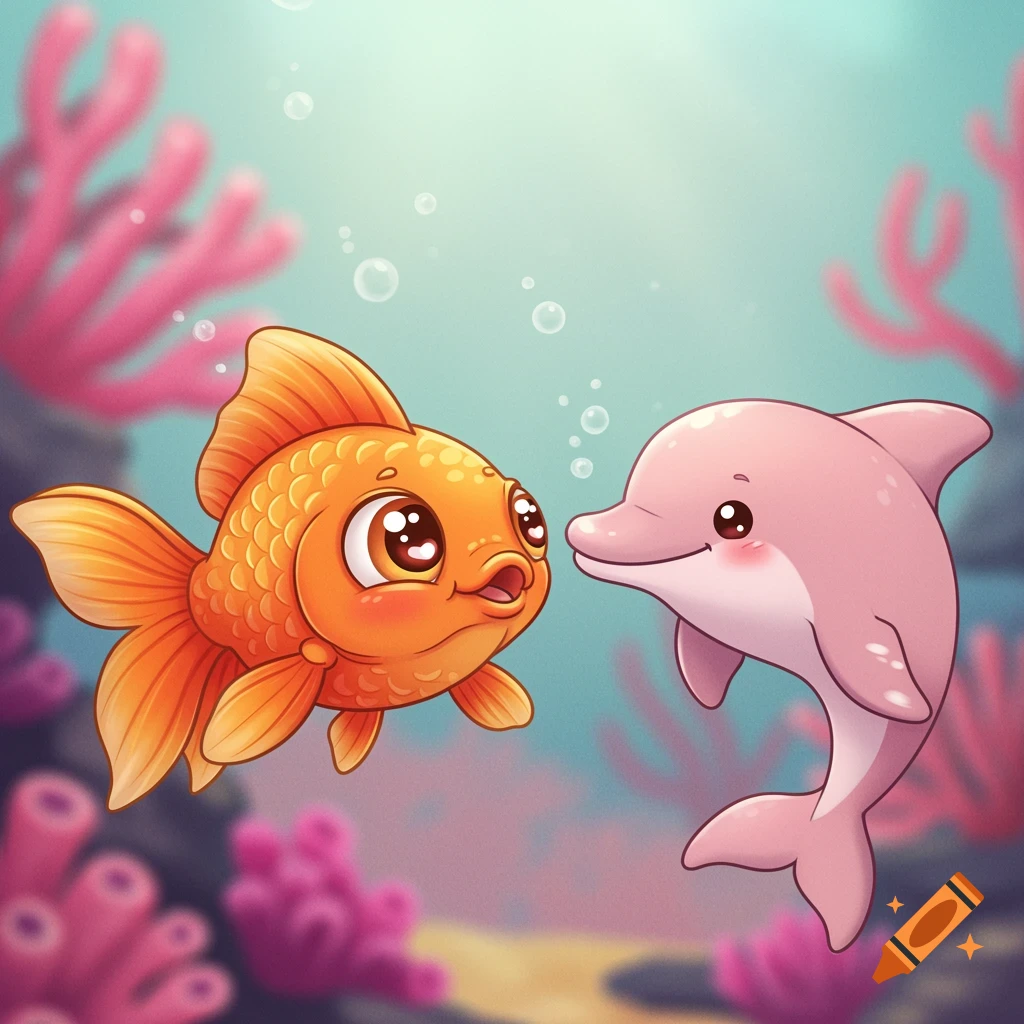 Cartoon goldfish and pink dolphin swim underwater with coral.