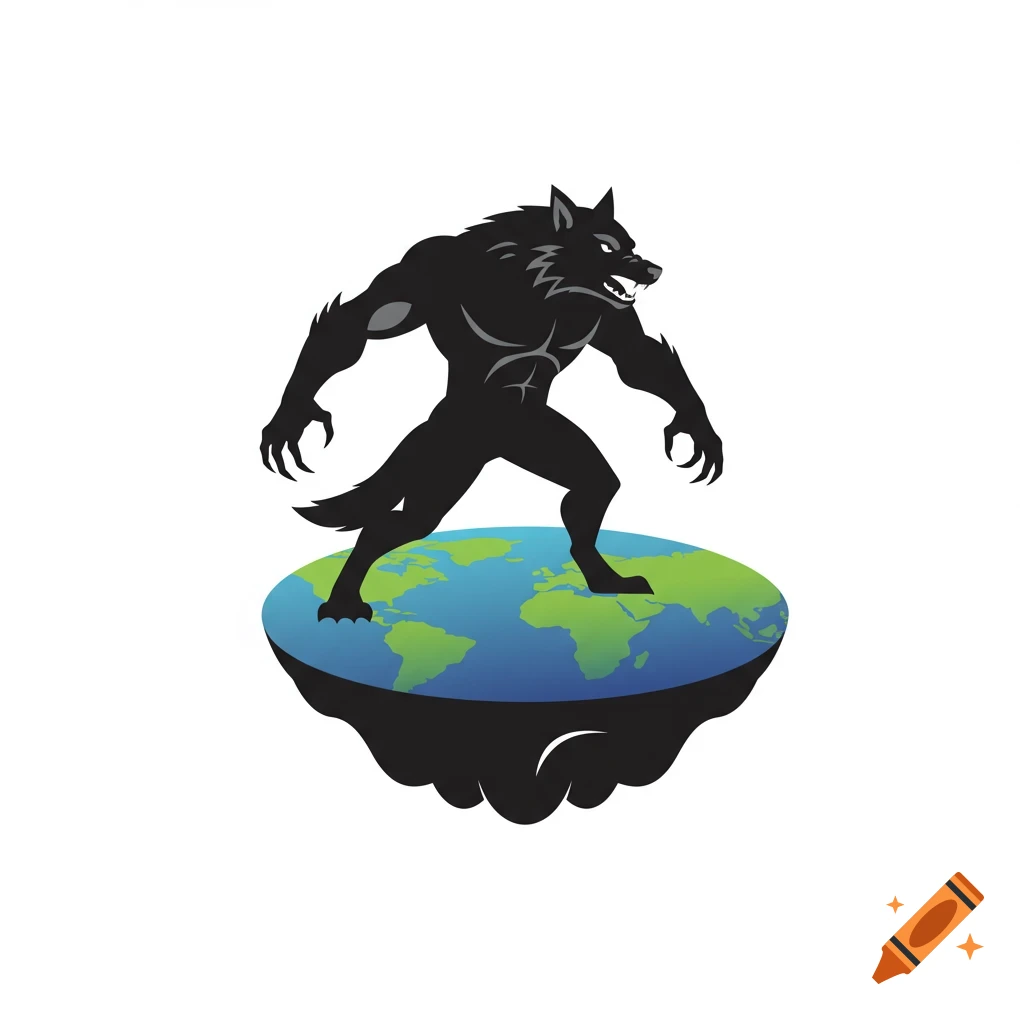 Vector graphic of a black werewolf standing on a flat Earth.