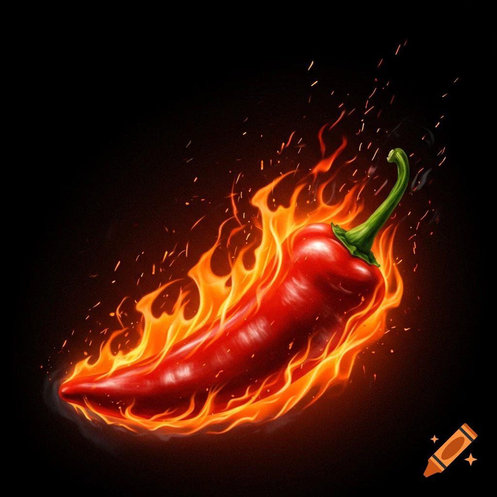 A red chili pepper is engulfed in bright orange flames with sparks flying against a black background.