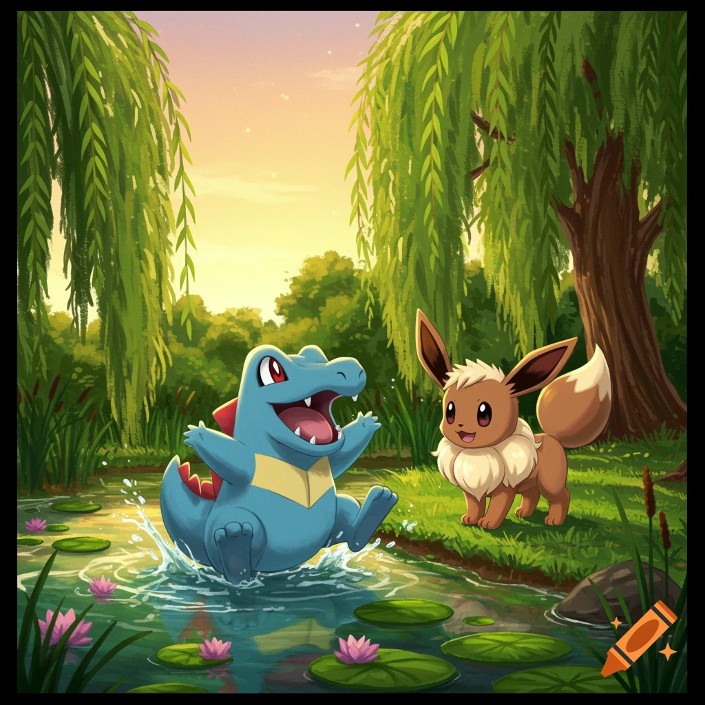Totodile splashes in a pond while Eevee watches under willow trees at sunset.