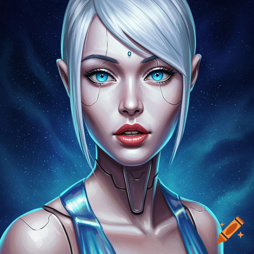 Digital art portrait of a cybernetic woman with white hair and blue eyes, wearing a blue dress, against a starry background.