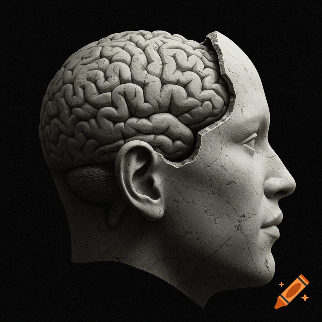 Profile view of a stone head cracked open to reveal a stone brain inside against a black background. Sculpture.