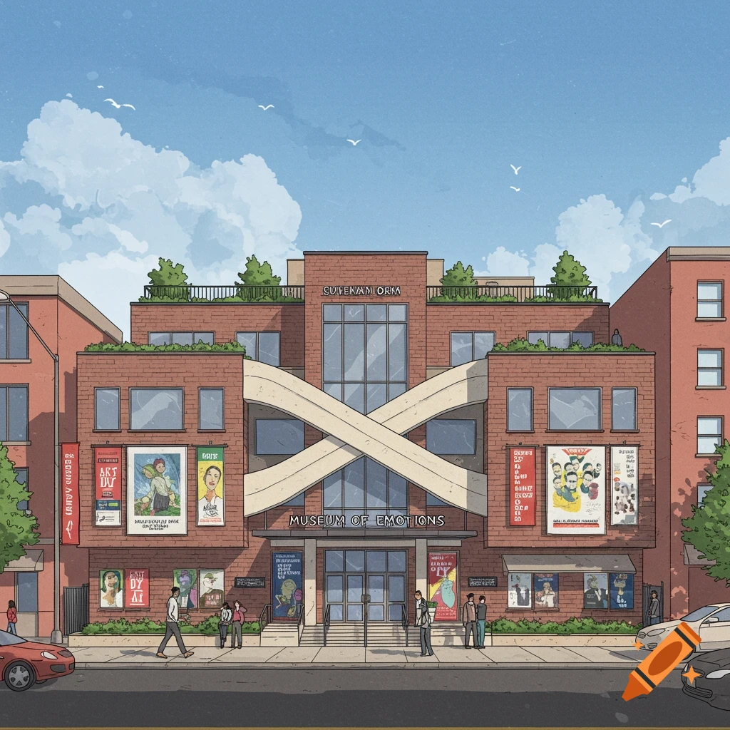 A two-story museum building features an infinity symbol design on its facade. People are on the sidewalk while cars are on the street.