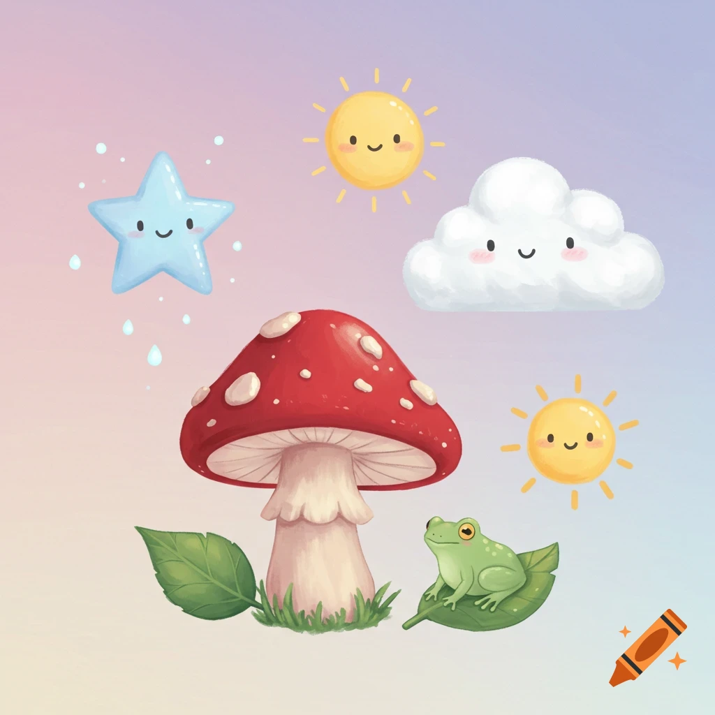 A cute watercolor illustration featuring a mushroom, frog, star, sun, and cloud.