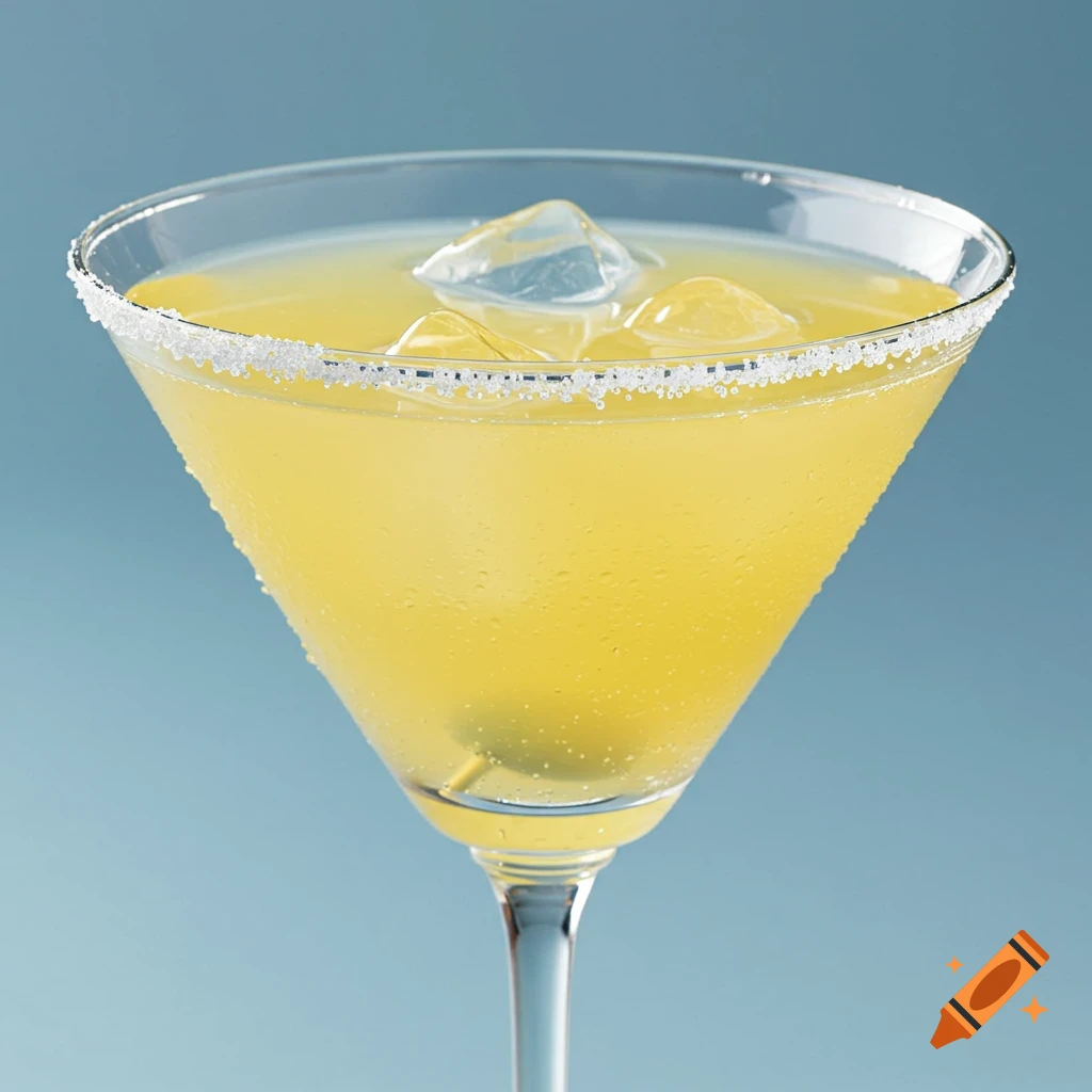 A lemon drop martini with ice and a sugar rim in a martini glass on a blue background.