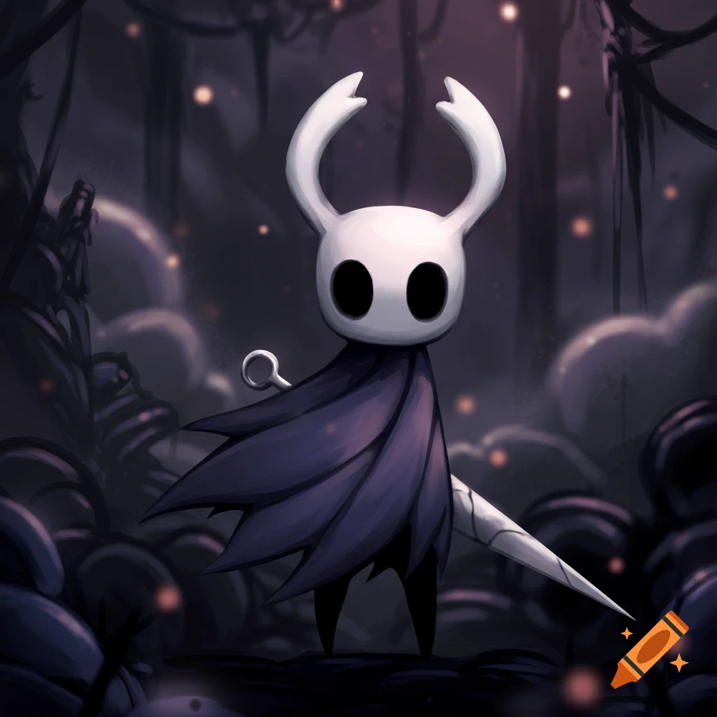 The Knight character from Hollow Knight in a dark forest