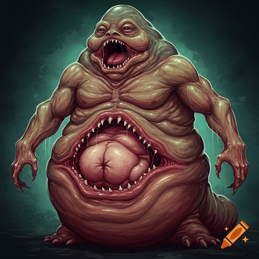 A grotesque monster with a large mouth in its abdomen.