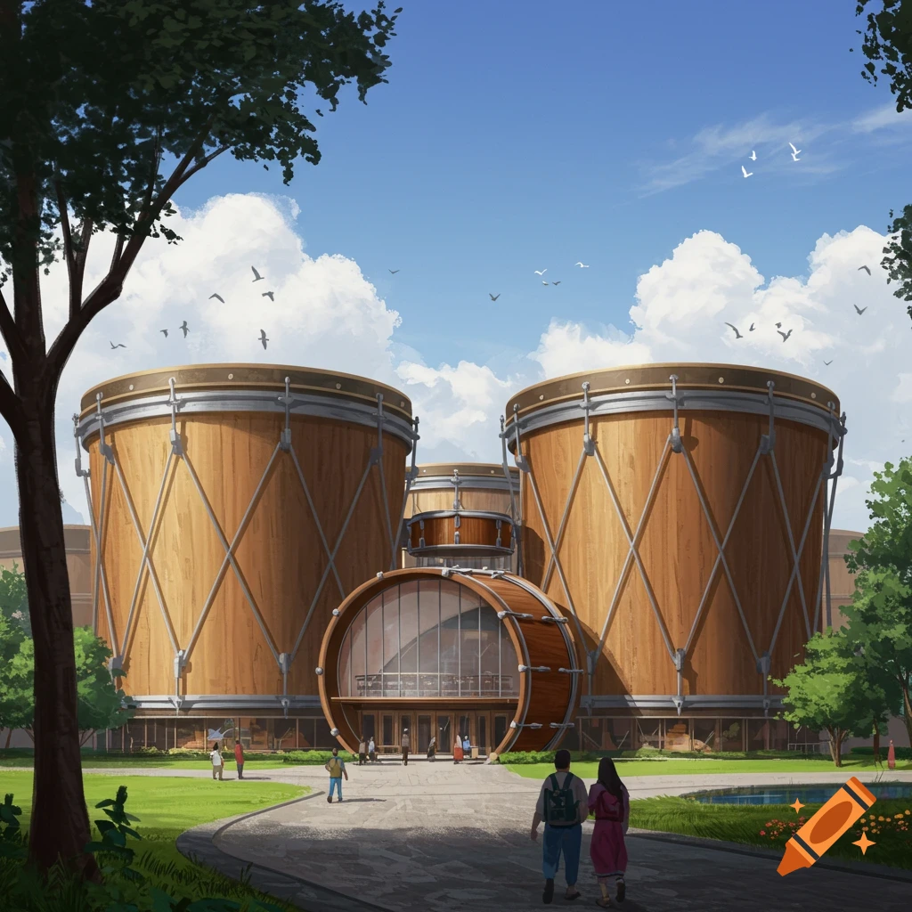 A museum building shaped like large drums, surrounded by trees and a pond under a blue sky.