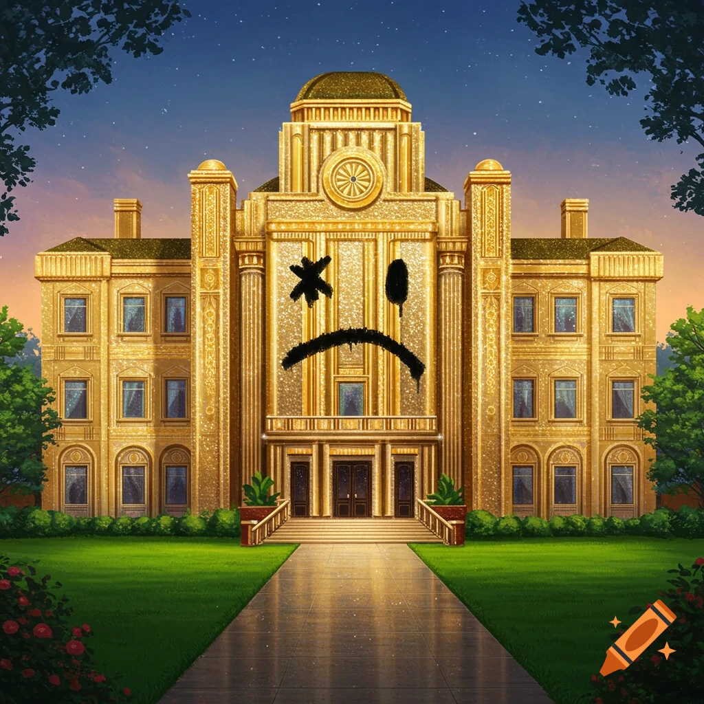 A glittery golden mansion with a sad face scribbled on the front.