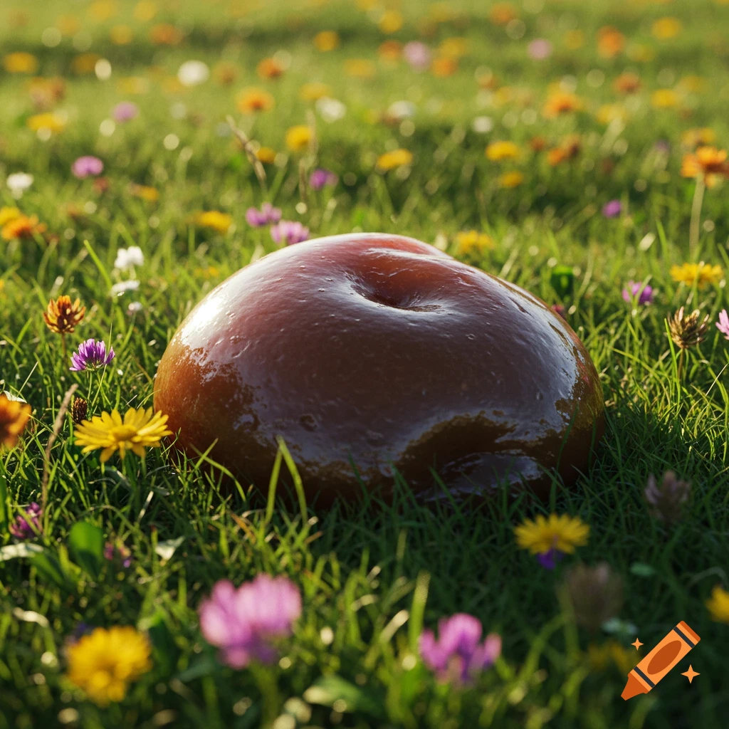 A large glossy brown blob rests in a sunlit meadow among colorful wildflowers.