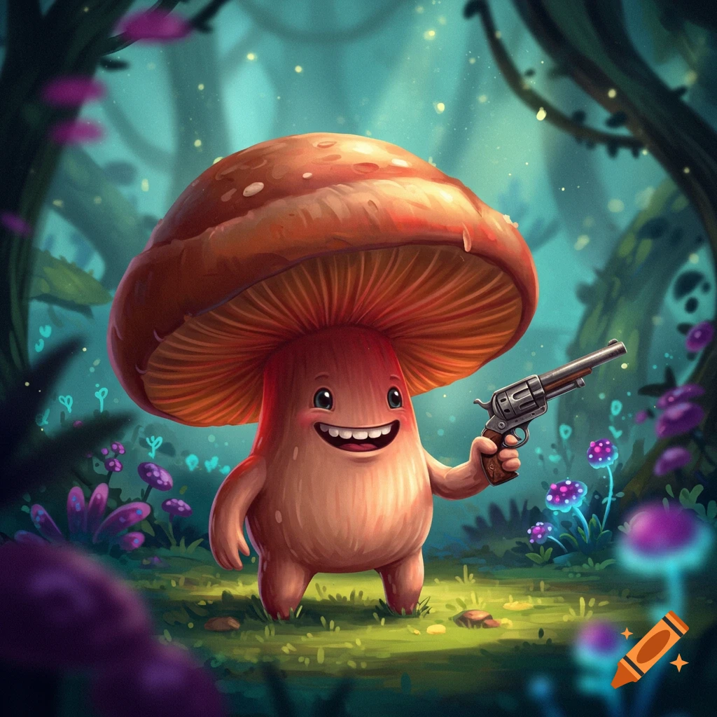 A cheerful cartoon mushroom character holding a revolver in a forest.