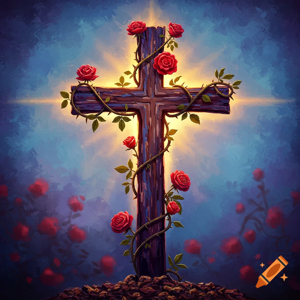 A wooden cross is covered in red roses and vines, set against a dramatic sky.