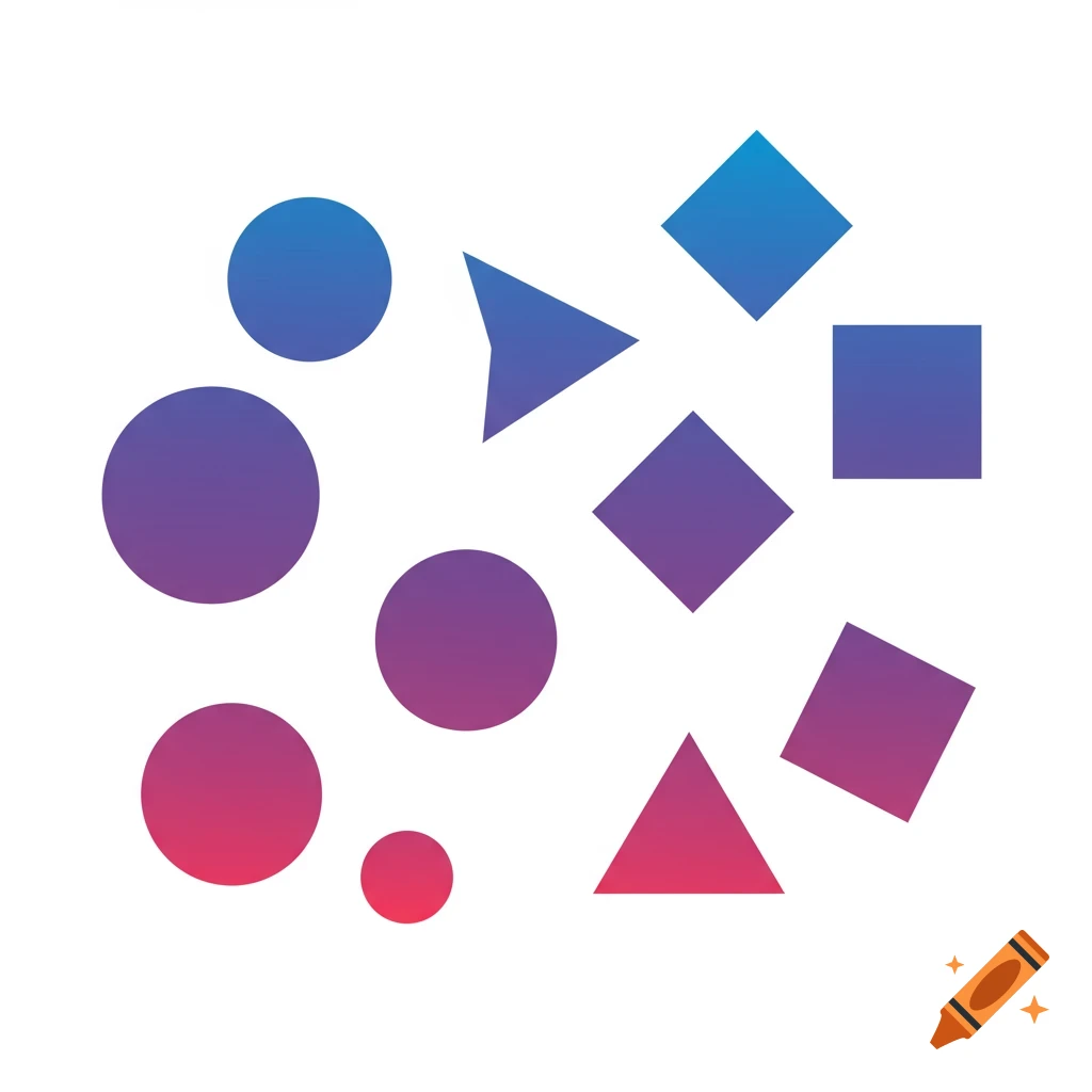 Vector graphic of various geometric shapes with colorful gradients on a white background.