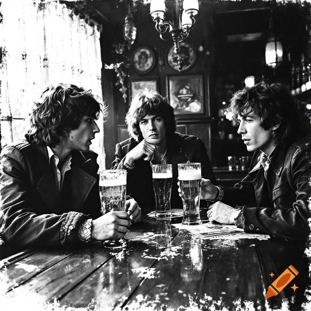 Black and white photo of three men drinking beer in a pub.