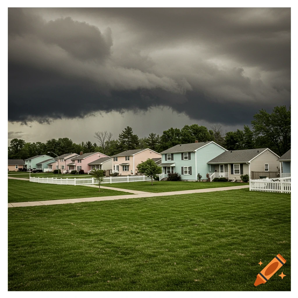 Photorealistic image of pastel suburban houses behind a white picket fence under dark storm clouds.