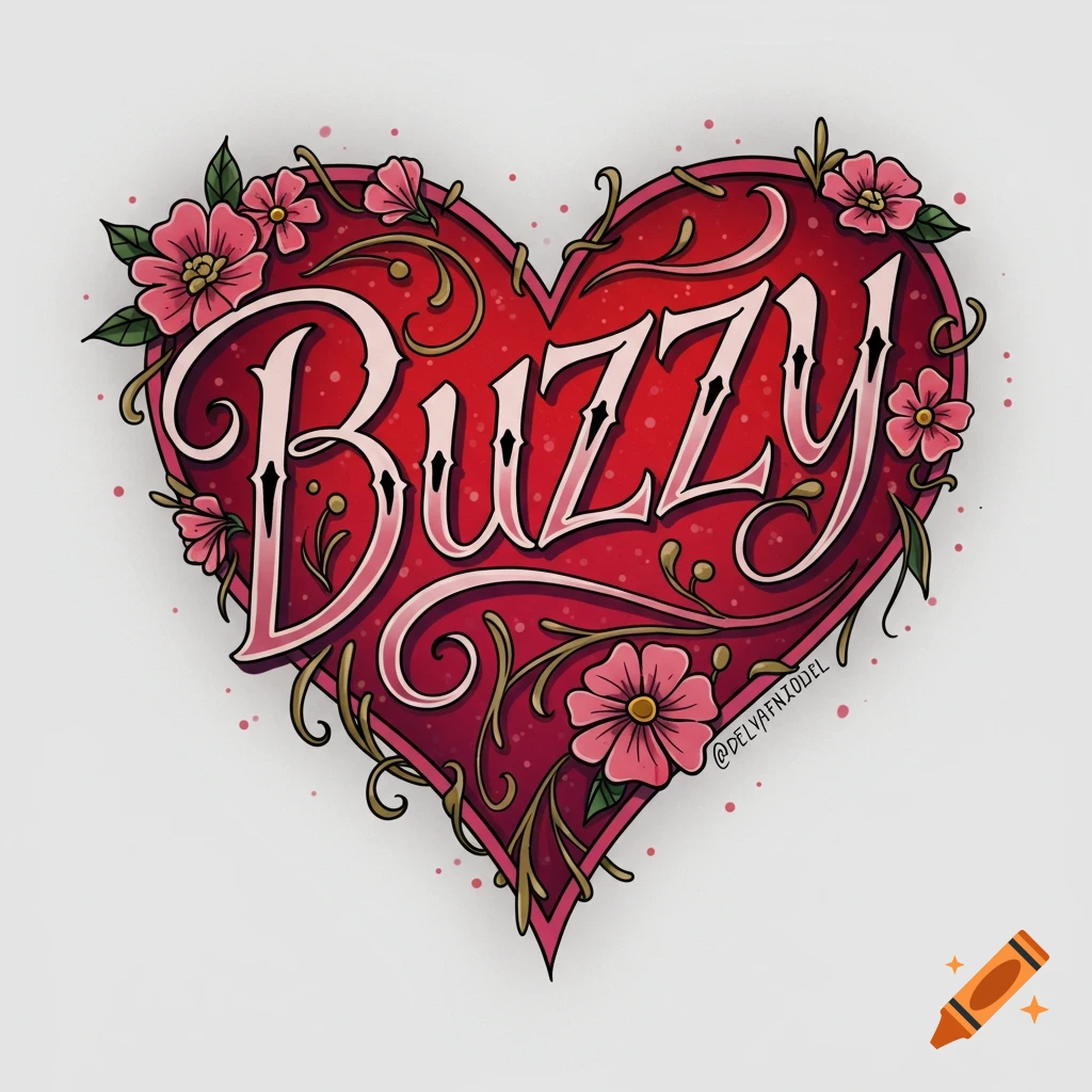 Heart tattoo with the word Buzzy and flowers.