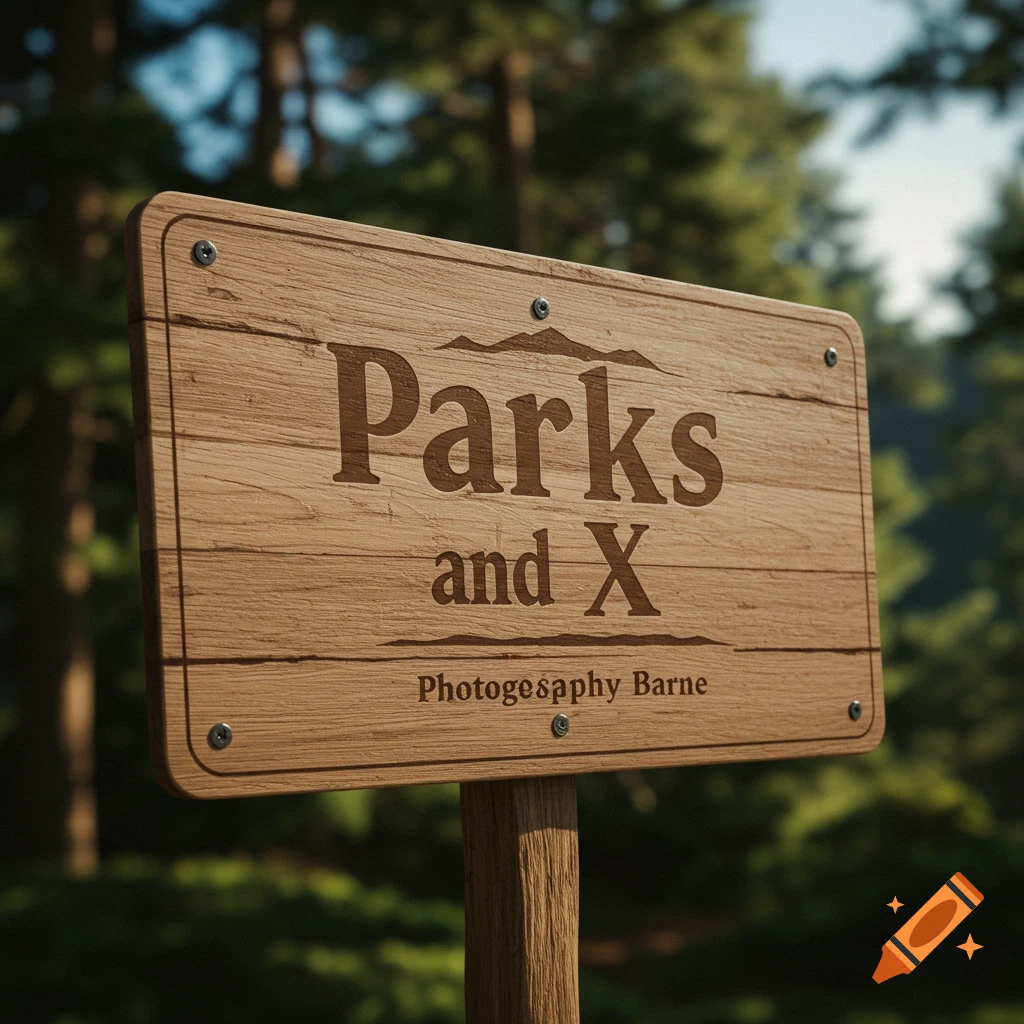 A wooden sign post in a forest reads 'Parks and X' and smaller text.