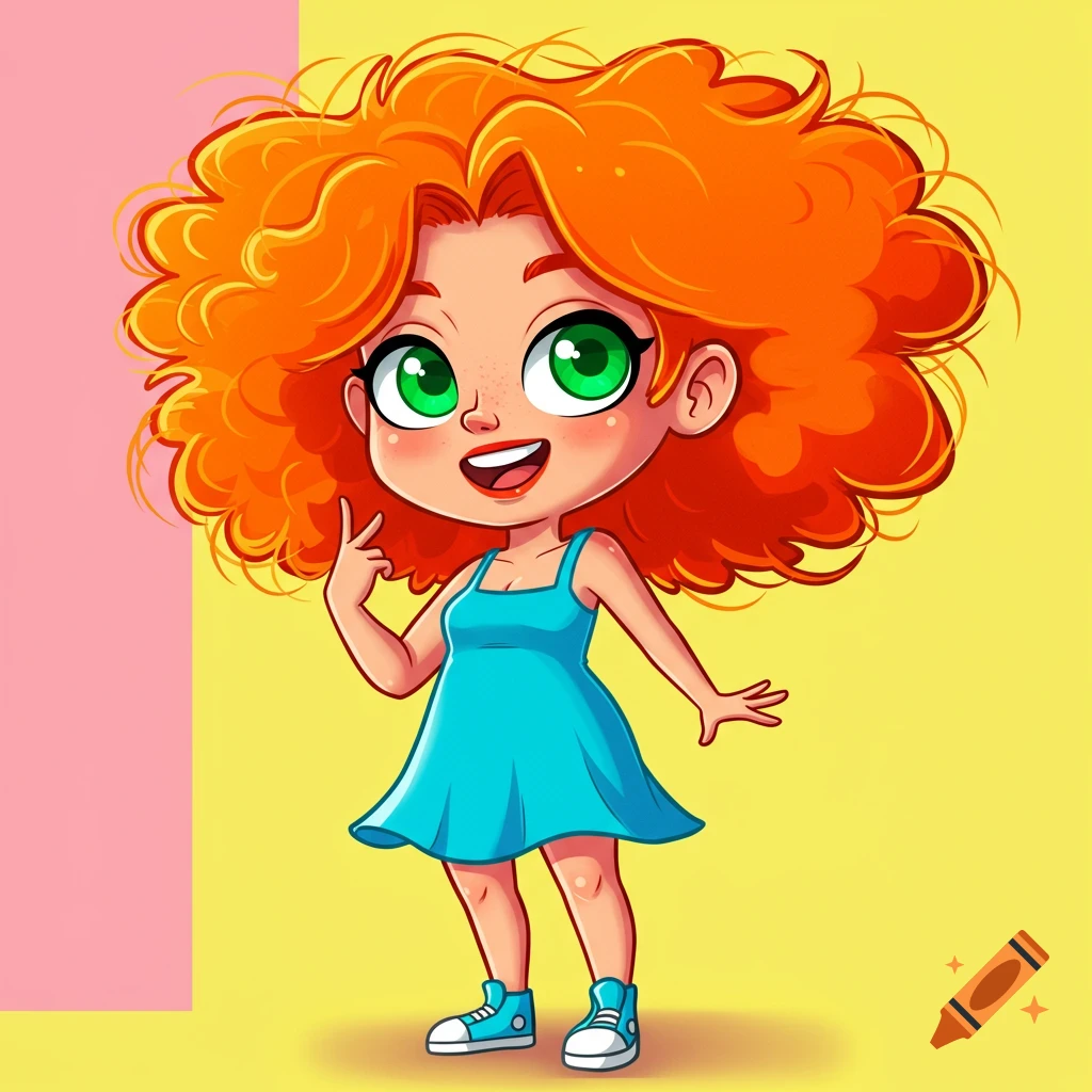 Cartoon girl with orange hair and green eyes in blue dress