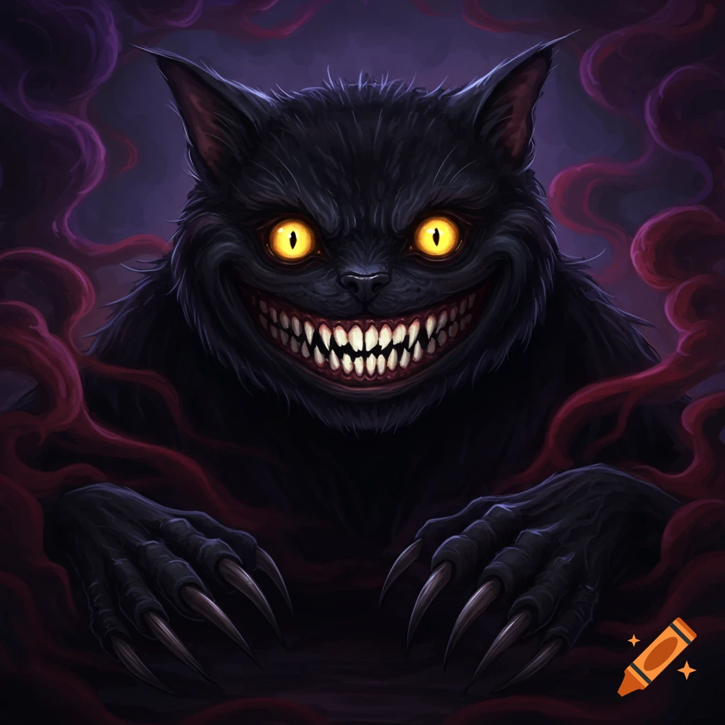 A scary black cat with glowing eyes and sharp teeth is surrounded by smoke.