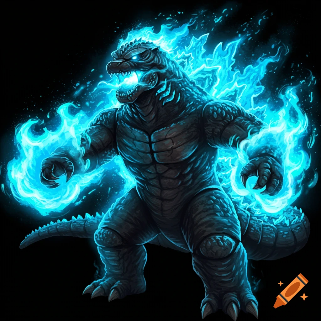 a Godzilla-like monster roaring, covered in glowing blue flames