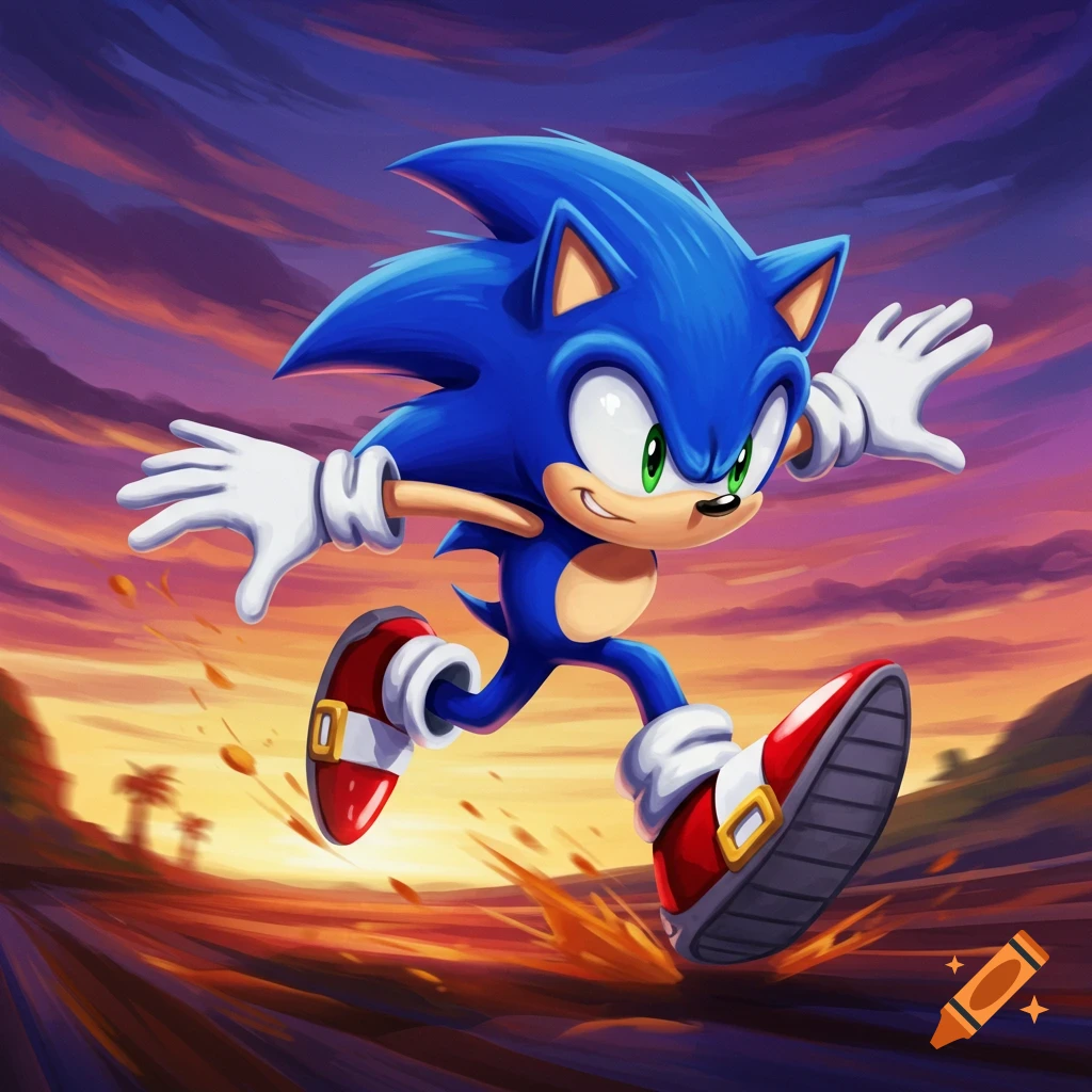 Sonic the Hedgehog runs fast across a landscape at sunset.