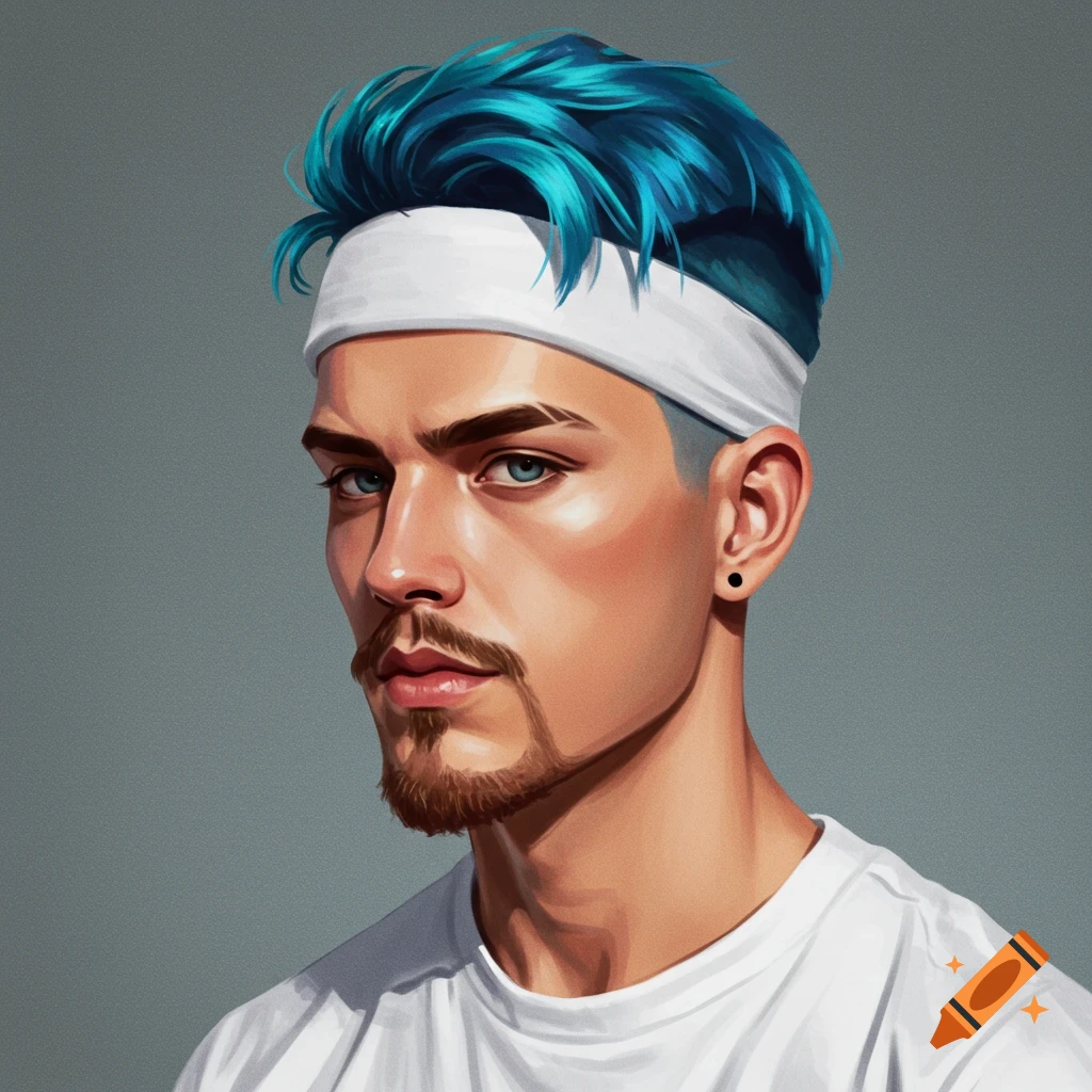 A man with blue hair and a white headband.