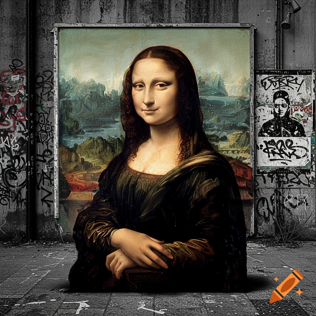 Mona Lisa painting placed on a street wall covered in graffiti, in the style of Banksy.