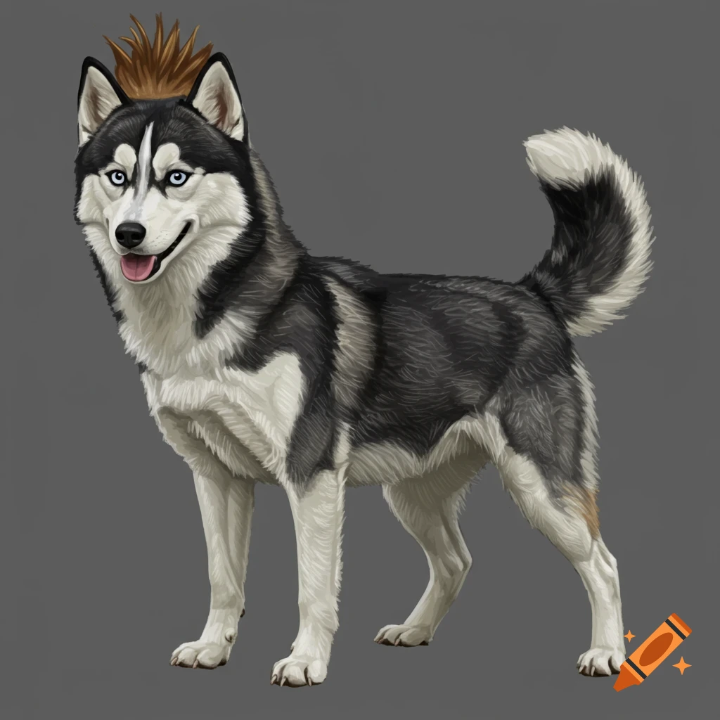 A creature that is a husky/owl hybrid with spiky hair and blue eyes.