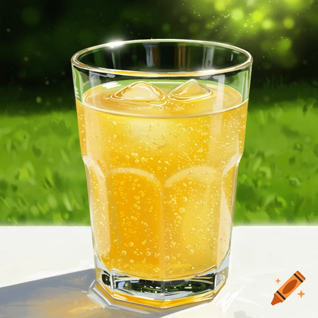 A glass of lemonade with ice cubes sits on a table outdoors.