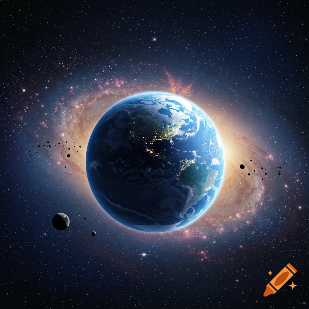 Earth in space with a swirling galaxy, stars, and asteroids
