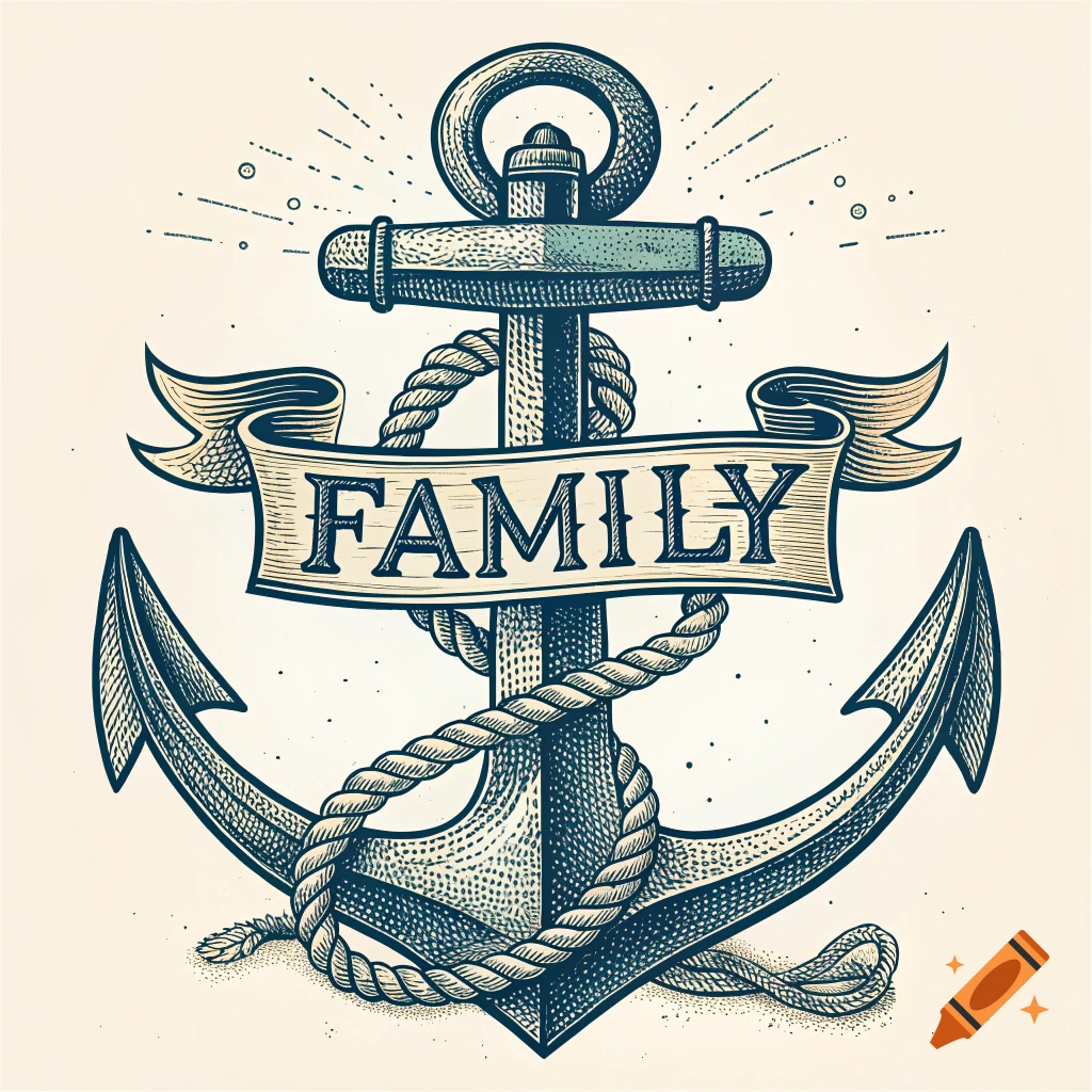 Vintage style illustration of an anchor with rope and a banner reading "FAMILY".