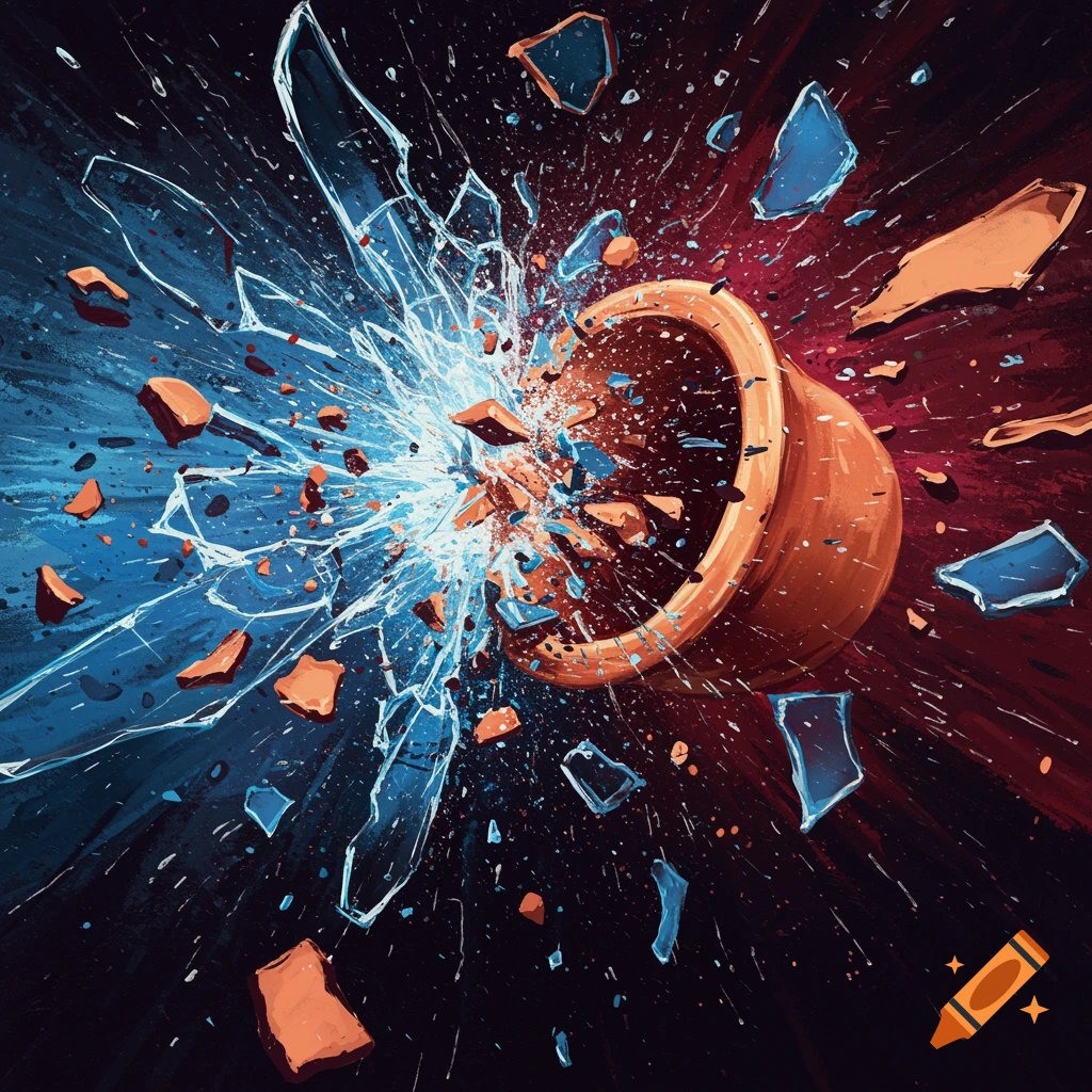 An abstract image of a clay pot exploding, scattering shards of glass and pottery against a dark background with blue and red light.