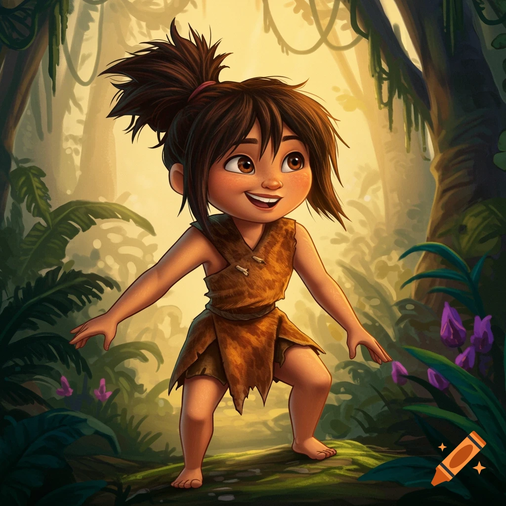 Illustrated cartoon character Eep from the Croods in a vibrant jungle.