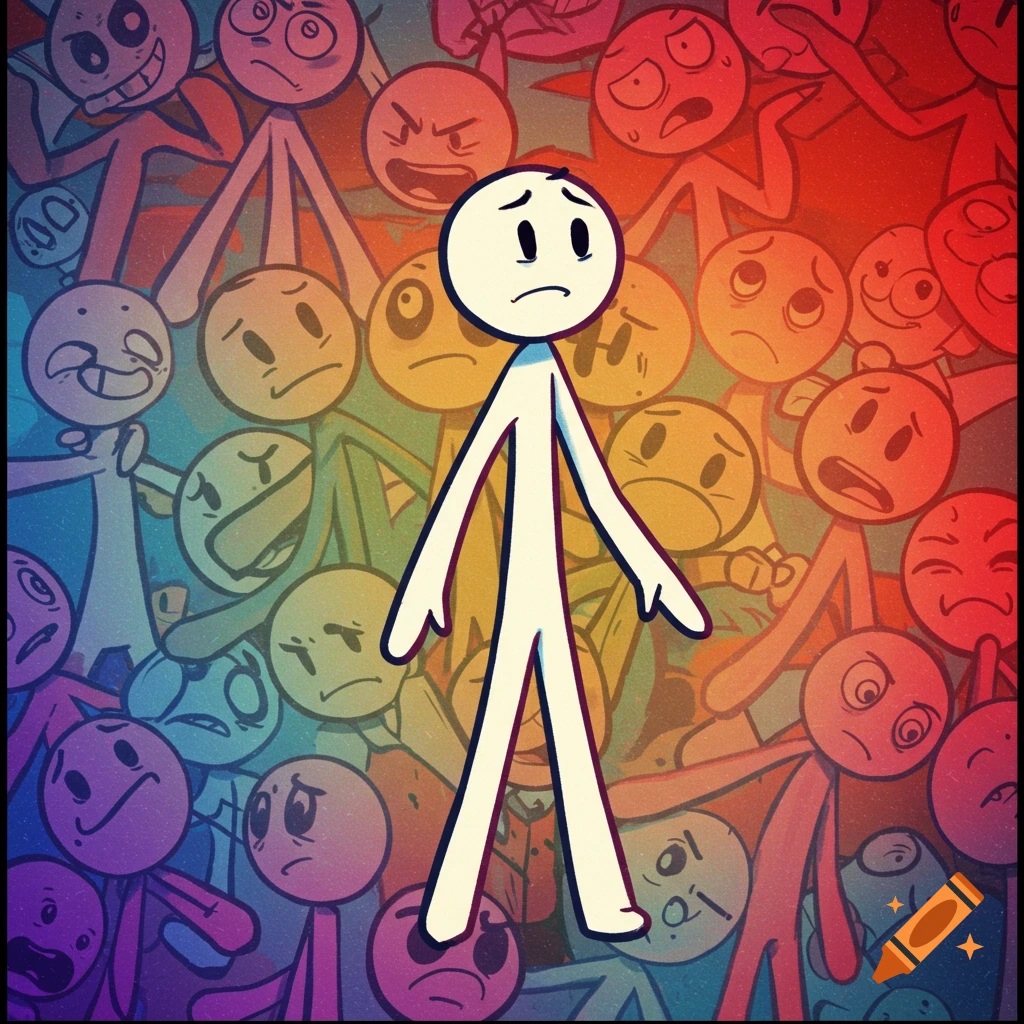 Sad white stick figure surrounded by colorful stick figures with various expressions.