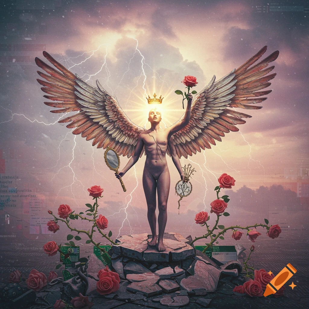 Winged figure with multiple arms holding objects, standing on ruins with roses, lightning, and digital overlays.