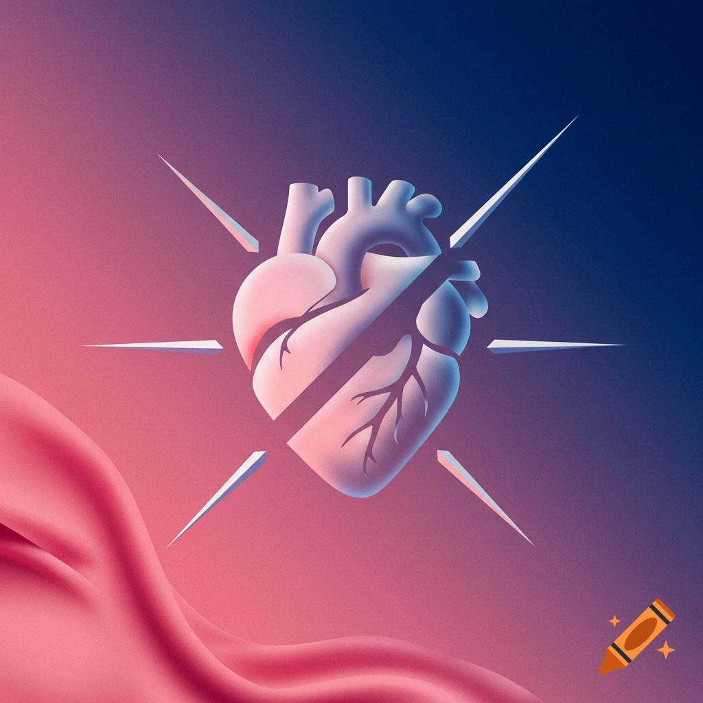 A stylized, split heart with surrounding spikes against a gradient background.