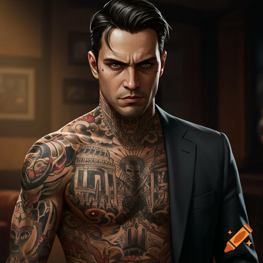 A man with a side part haircut and full chest and arm tattoos wearing a black jacket.