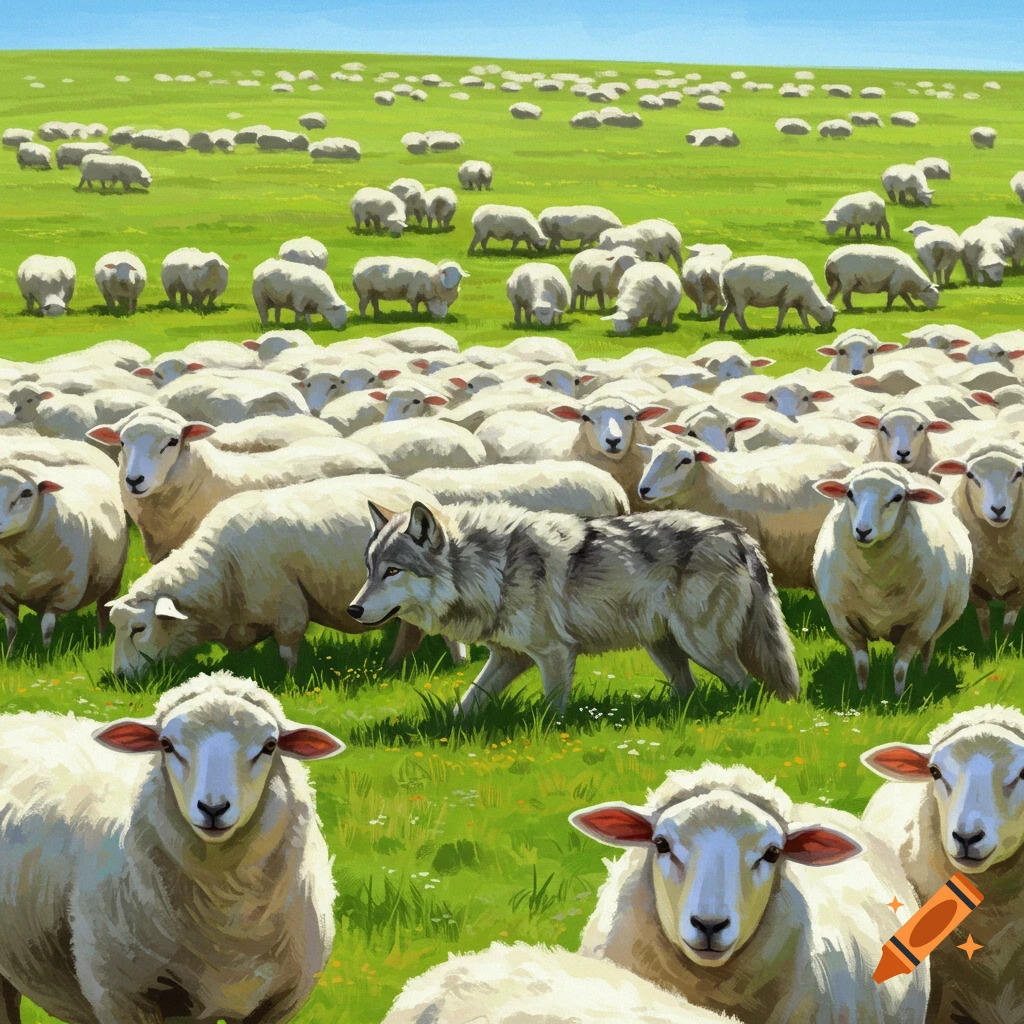 A wolf among a large flock of sheep in a grassy field.