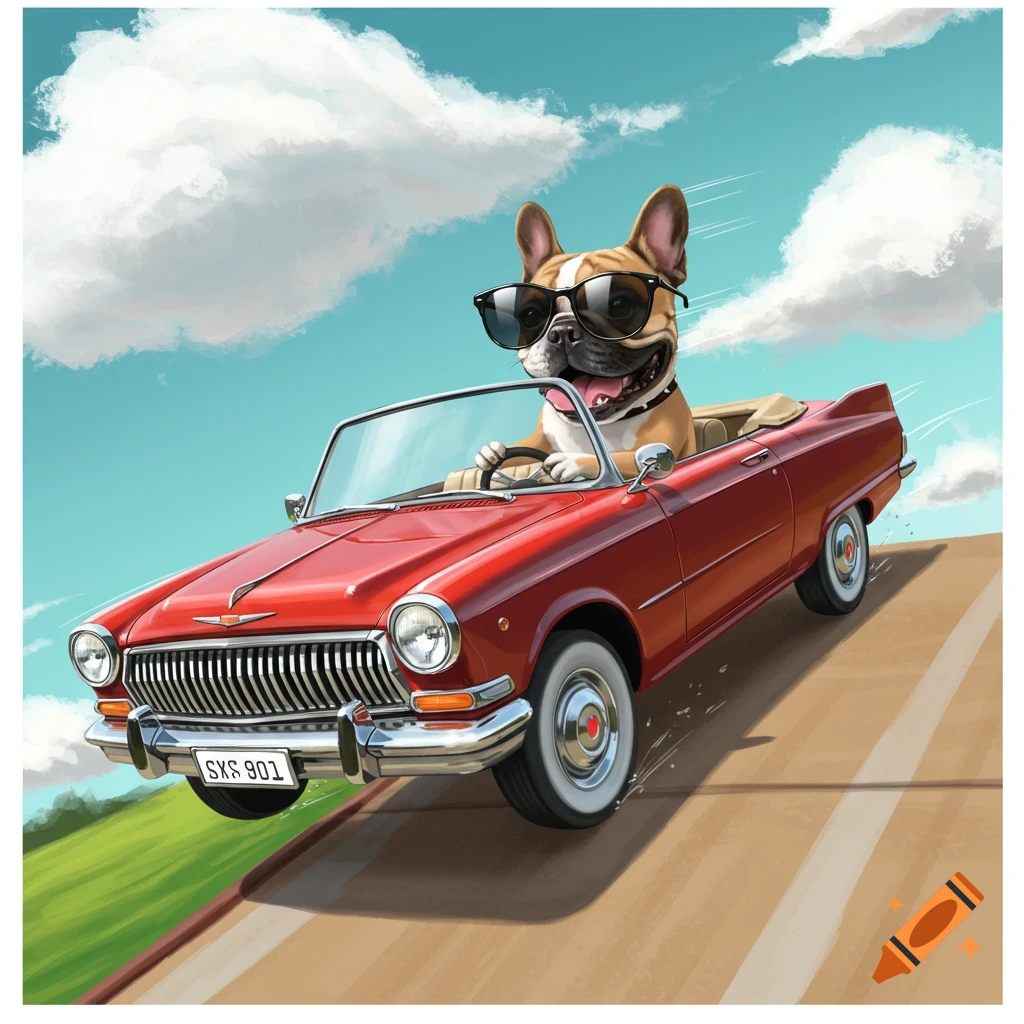 A cartoon of a French bulldog wearing sunglasses driving a red convertible.