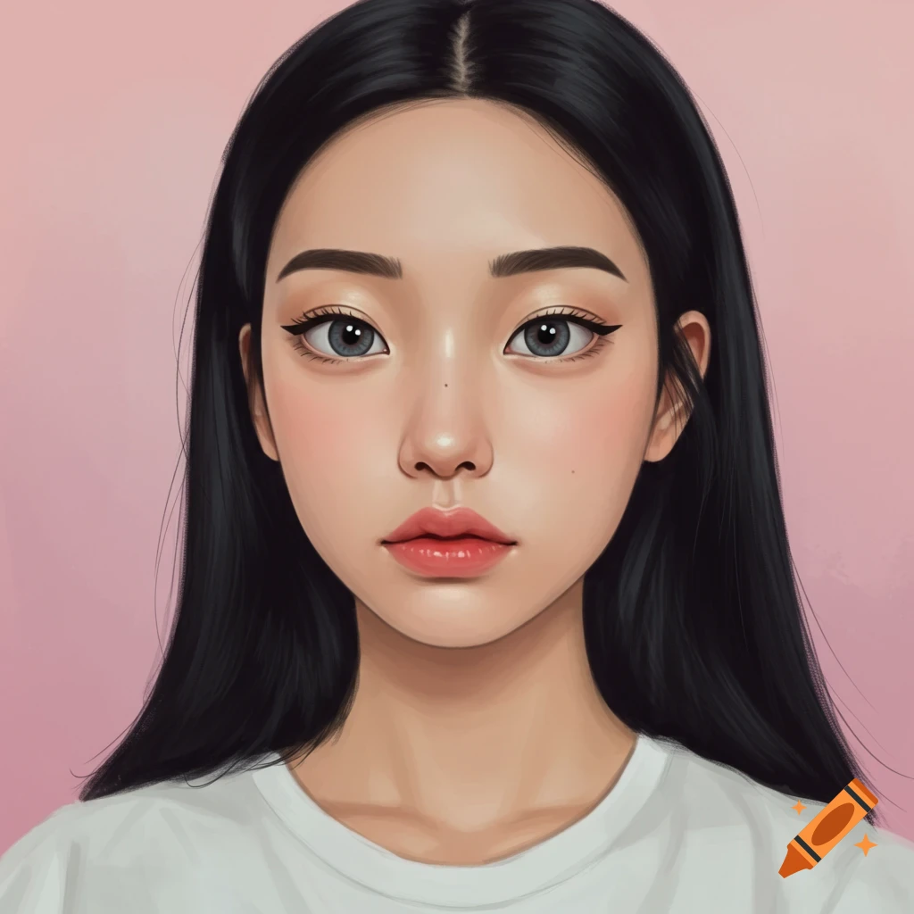 Close-up portrait of a young Korean woman with long black hair against a pink background.