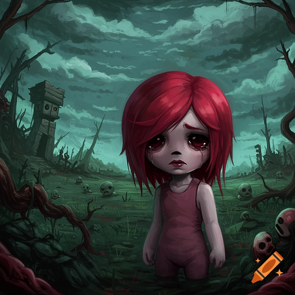 Stylized image of a sad girl with red hair in a dark, swampy wasteland with skulls.
